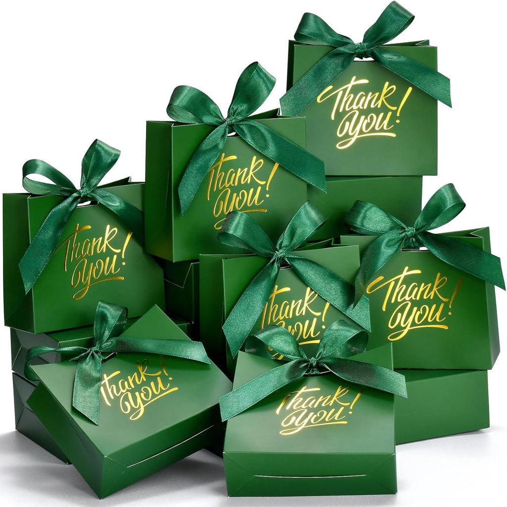 Small Gift Bags, 25 Pack 4.5x1.8x3.9 Inches Thank You Bags Green Kraft Paper Gift Bags with Bow Ribbon, Candy Bags for Birthday Wedding Baby Shower