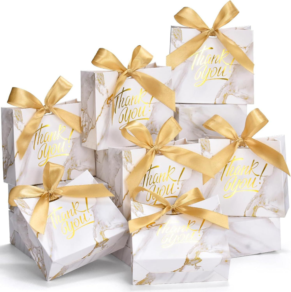 Small Gift Bags, 25 Pack 4.5x1.8x3.9 Inches Thank You Bags Marble Gold Kraft Paper Gift Bag with Bow Ribbon, Small Candy Bags Gift Bag Bulk for Birthday Wedding Baby Shower (Marble Gold)