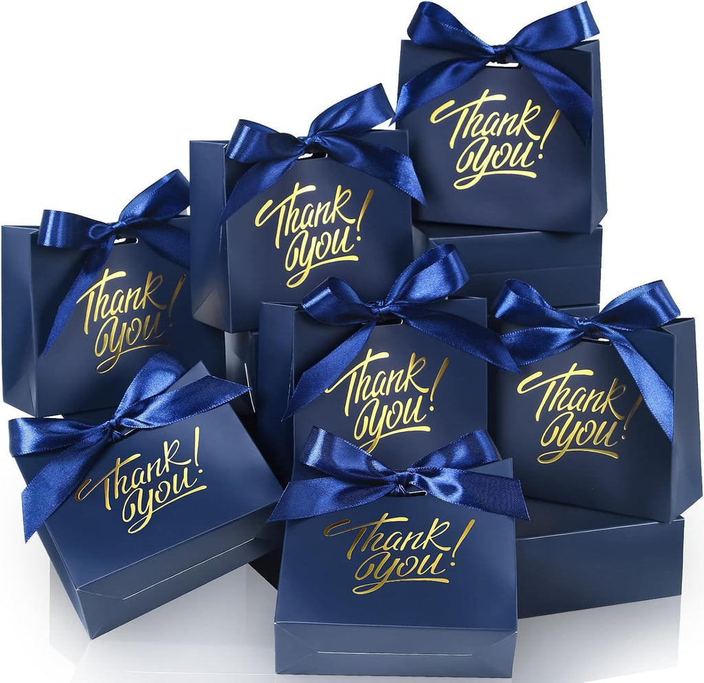 Small Gift Bags, 25 Pack 4.5x1.8x3.9 Inches Thank You Bags Navy Blue Kraft Paper Gift Bag with Bow Ribbon, Small Candy Bags for Birthday Wedding Baby Shower