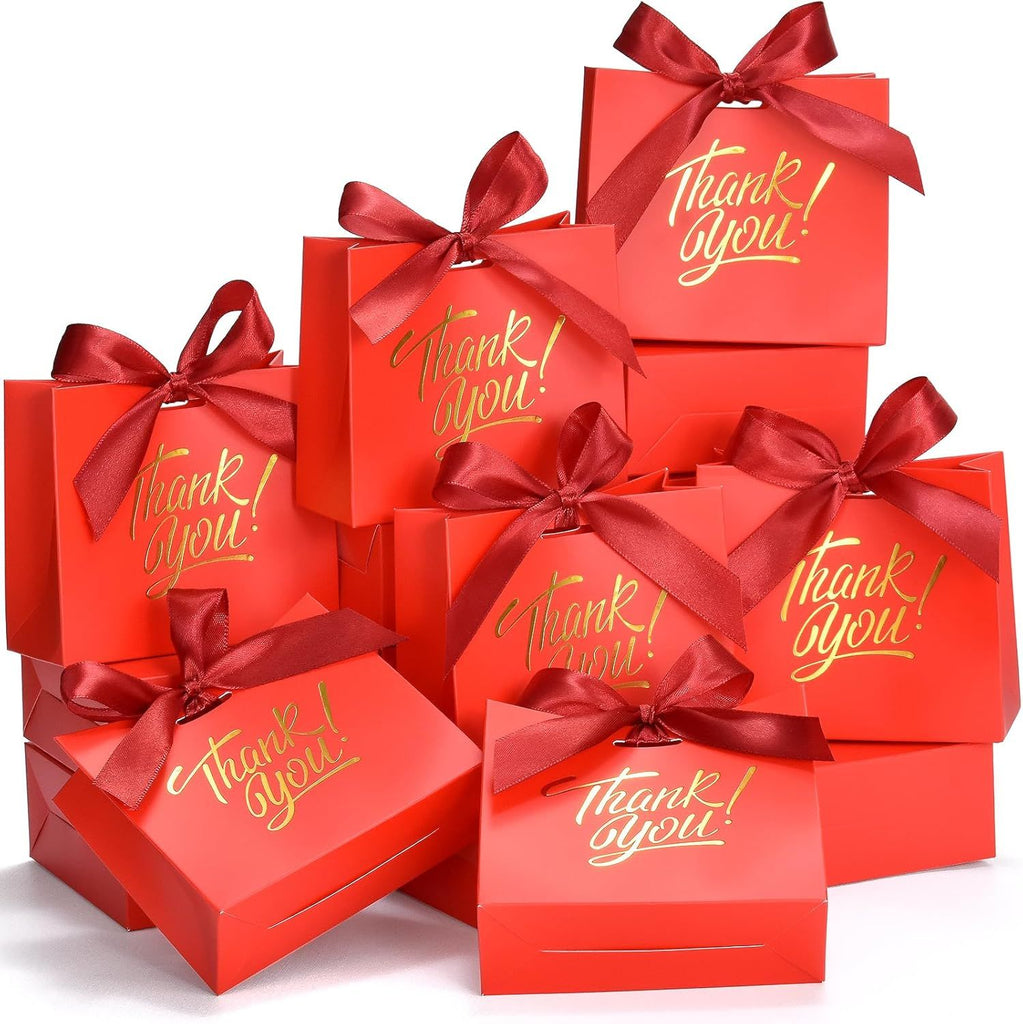 Small Gift Bags, 25 Pack 4.5x1.8x3.9 Inches Thank You Bags Red Kraft Paper Gift Bag with Bow Ribbon, Small Candy Bags for Birthday Wedding Baby Shower