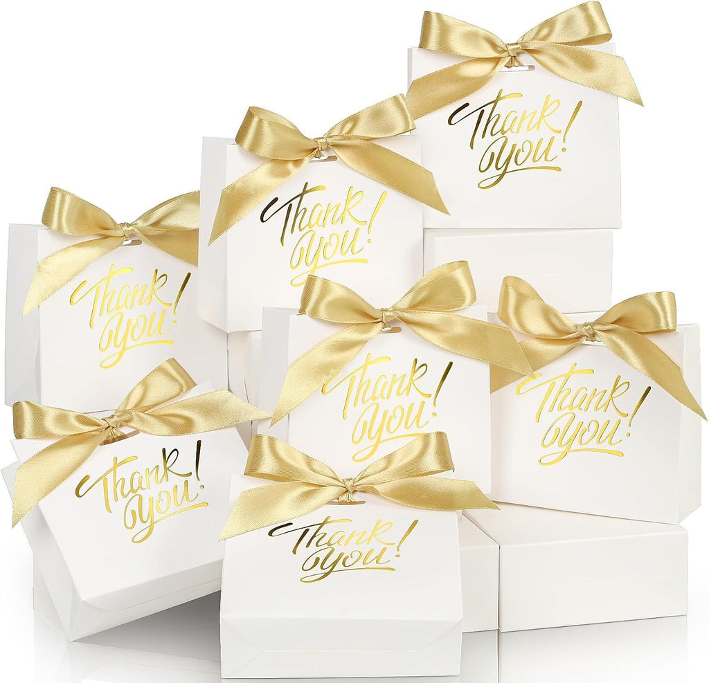 Small Gift Bags, 25 Pack 4.5x1.8x3.9 Inches Thank You Bags White Kraft Paper Gift Bag with Bow Ribbon, Perfect for Birthday, Wedding, Baby Shower