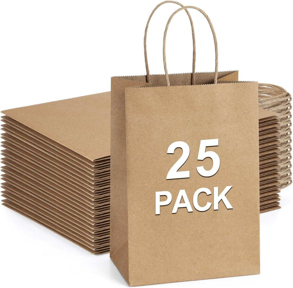 Small Gift Bags 25Pcs 5.25x3x8 Kraft Brown Paper Bags with Handles, for Small Gifts, Birthday, Wedding Party Favor, Retail Merchandise Paper Sacks
