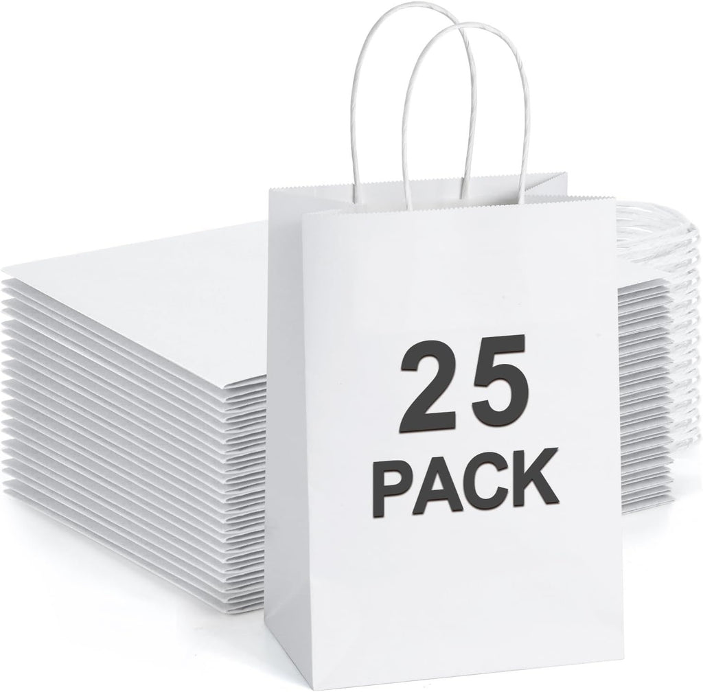 Small Gift Bags 25Pcs 5.25x3x8 Kraft White Paper Bags with Handles, for Small Gifts, Birthday, Wedding Party Favor, Retail Merchandise Paper Sacks
