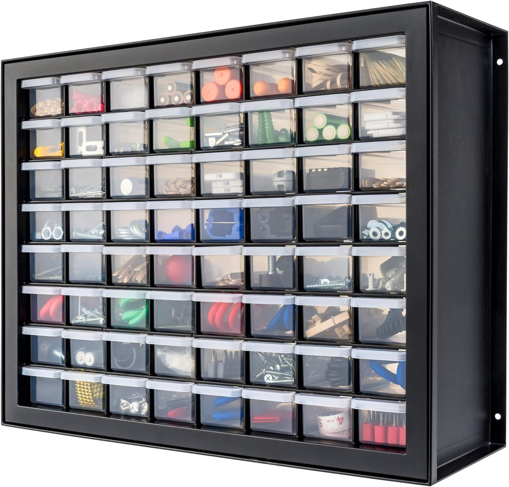 Small Parts Storage Cabinet, Made in USA, 64-Drawer Organizer for Hardware, Screws, Nuts & Bolts, Electronics, Beads, Craft Supplies, Building Bricks, Teacher Toolbox Storage – Black