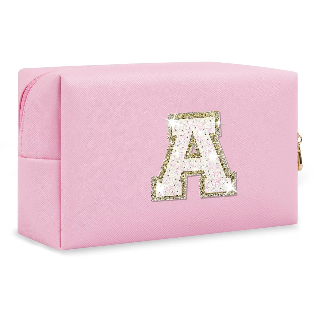 Small Personalized Initial A-Z Patch Makeup Bag,Pink Cute PU Leather Glitter Letter Cosmetic Bag for Teen Girls,Travel Toiletry Bag with Zipper,Preppy Monogrammed Birthday Gift for Daughter Niece A