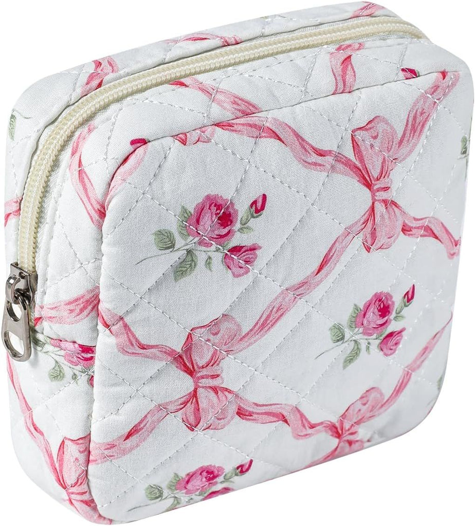 Small Quilted Cotton Makeup Bag for Purse, Cosmetic Bag with Compartments, Cotton Aesthetic Makeup Bag, Travel Toiletry Pouch, Key Pocket Lipstick Bag Card Holder Data Cable Organizer (04Pink Bow)