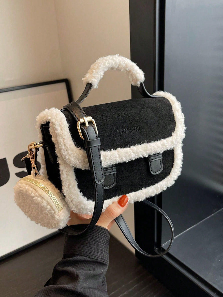 Small Square Bag with Lamb Wool for Autumn and Winter, Retro Suede Hand Pouch, Versatile Crossbody Messenger Bag with Pendant