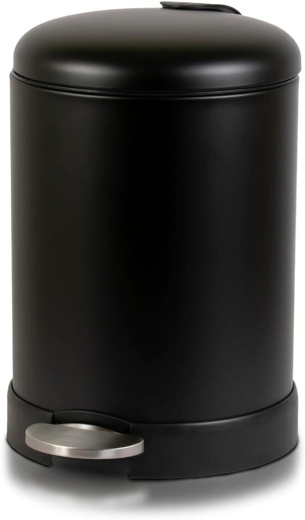 Small Trash Can, 1.2 Gallon | Round Stainless Steel Garbage Bin with Soft Close Lid & Step Foot Pedal | Black Metal Waste Basket with Removable Inner Bucket, Matte Black
