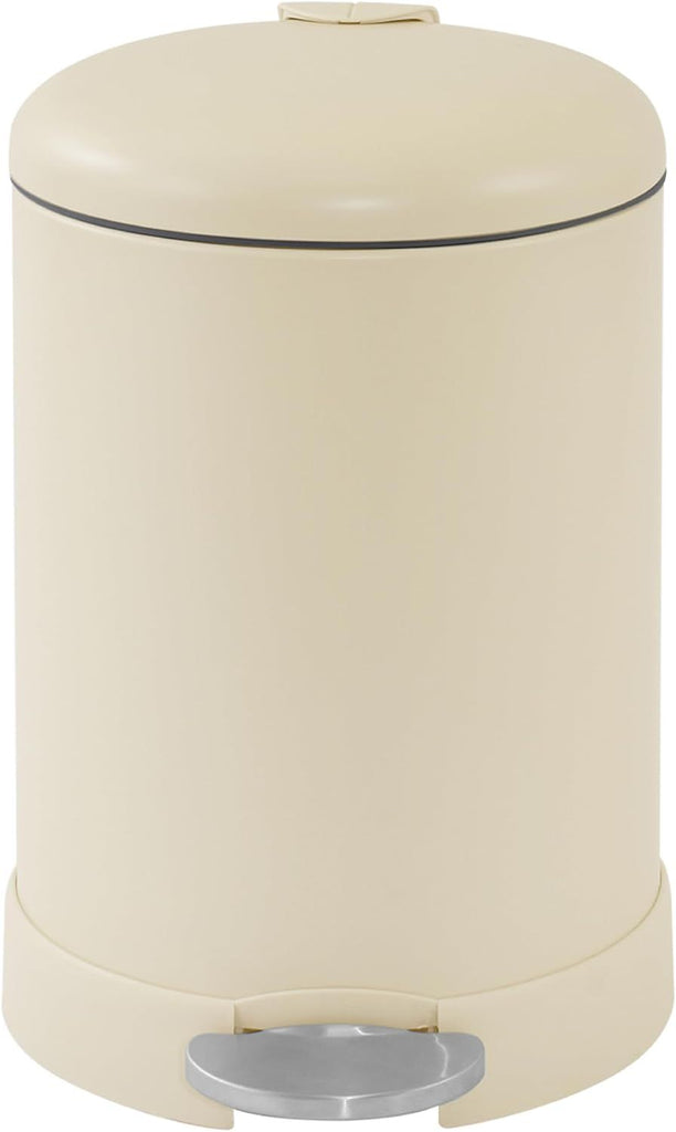 Small Trash Can, 1.2 Gallon | Round Stainless Steel Garbage Bin with Soft Close Lid & Step Foot Pedal | Metal Waste Basket with Removable Inner Bucket, Almond