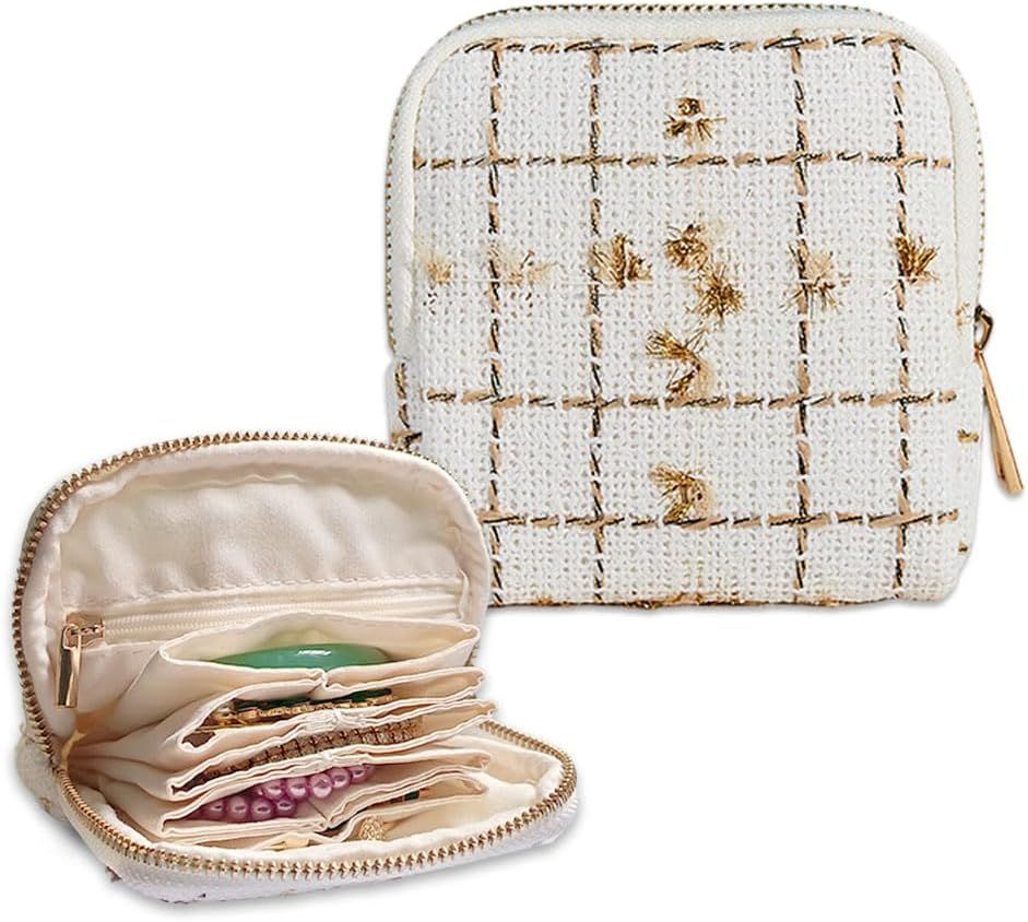 Small Travel Jewelry Pouch - Durable Tweed Mini Jewelry Storage Case, Chic Home Organizer for Rings, Earrings, Necklaces, Watches, Bracelets, Bangles, Women Girls Mom Gift