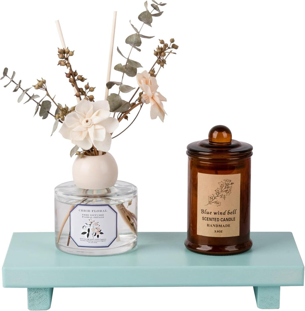 Small Wood Tray Pedestal Stand Farmhouse Bathroom Decor Decorative Wooden Riser Kitchen Soap Dish Holder for Vanity, Counter, Sink, 10" x 4.5" - Light Blue