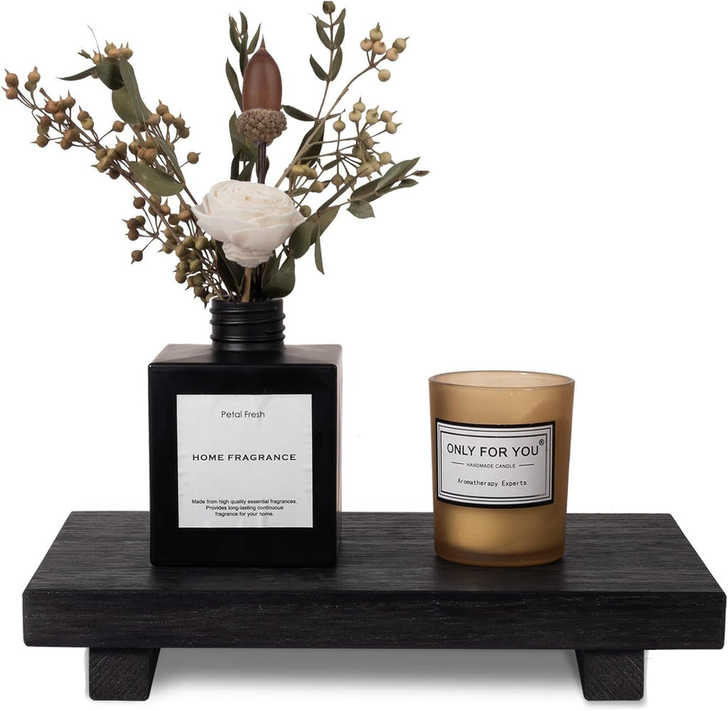 Small Wood Tray Pedestal Stand Farmhouse Bathroom Decor Decorative Wooden Riser Kitchen Soap Dish Holder for Vanity, Counter, Sink, 9" x 5.9" - Black