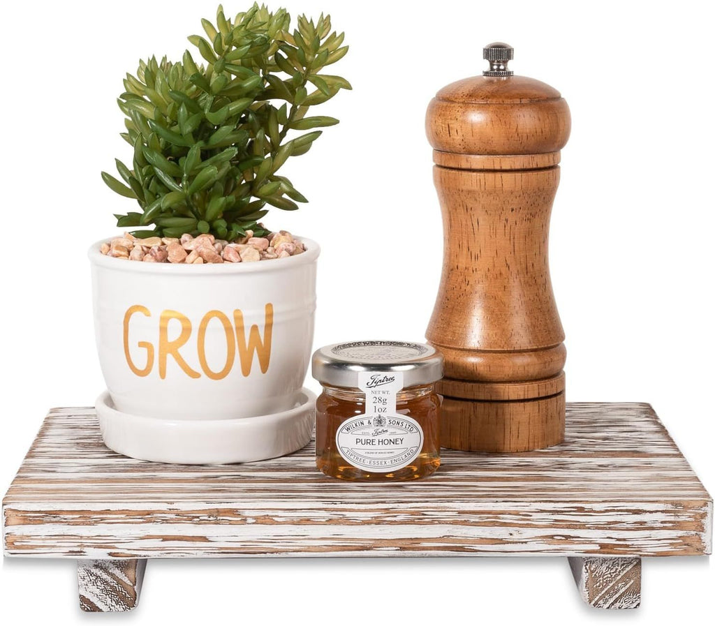 Small Wood Tray Pedestal Stand Farmhouse Bathroom Decor Decorative Wooden Riser Kitchen Soap Dish Holder for Vanity, Counter, Sink, 9" x 5.9" - Retro White