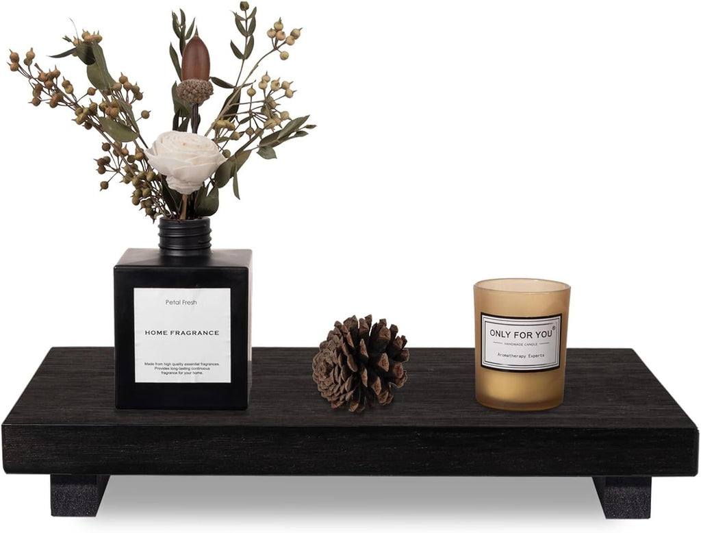 Small Wood Tray Pedestal Stand Farmhouse Bathroom Decor Decorative Wooden Riser Kitchen Soap Dish Holder for Vanity, Counter, Sink, Large 11.8" x 7" - Black