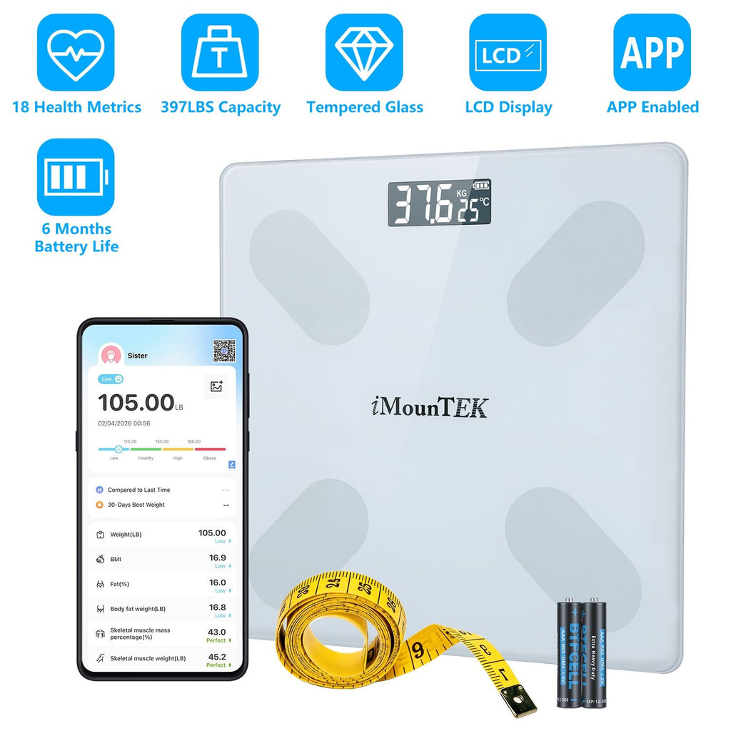 Smart Digital Scale For Body Weight High Accuracy BMI Weight Scale Full Body Composition Analysis Sync with APP 4mm Tempered Glass 397LBS Capacity LCD Display