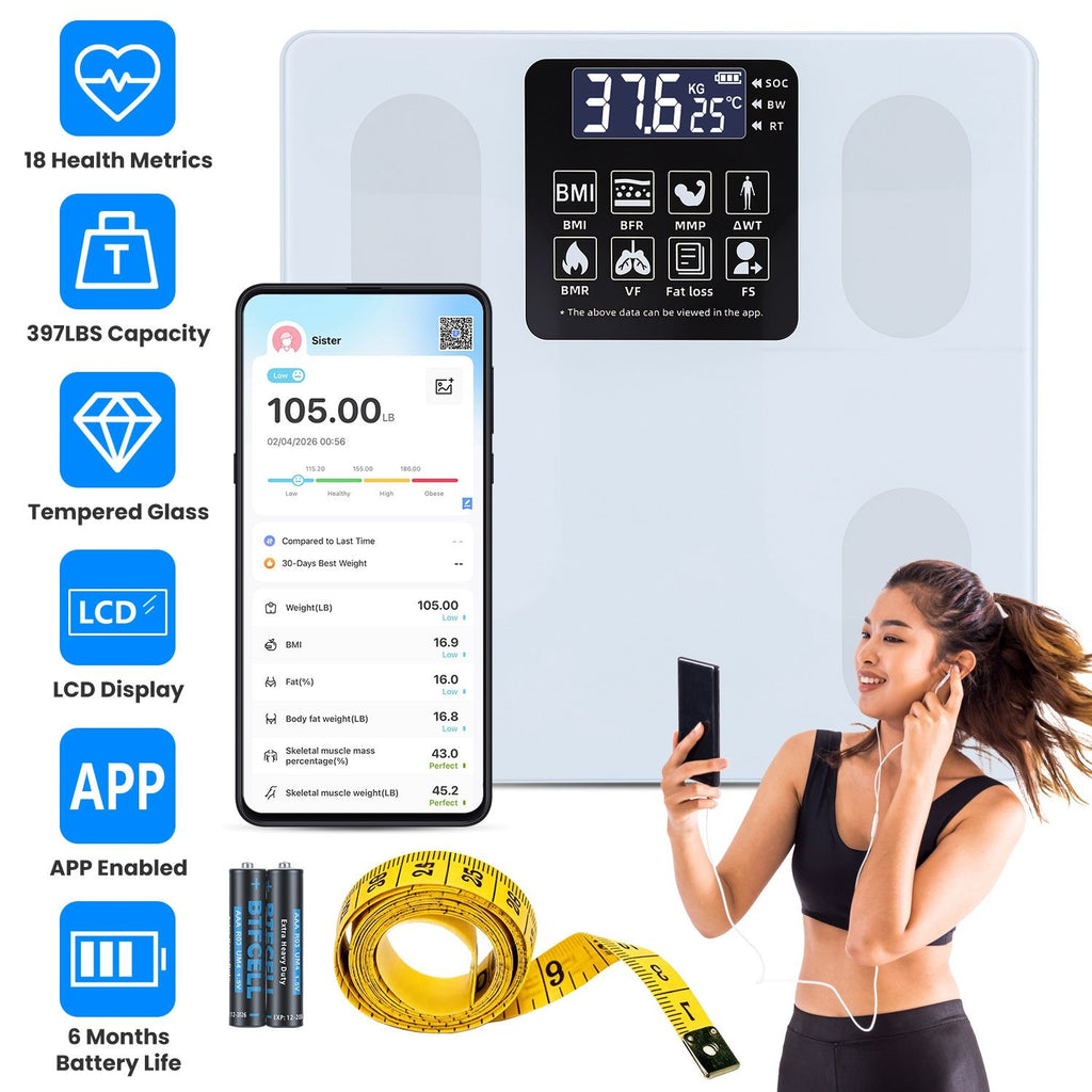 Smart Digital Scale For Body Weight High Accuracy BMI Weight Scale Full Body Composition Analysis Sync with APP 4mm Tempered Glass 397LBS Capacity LCD Display
