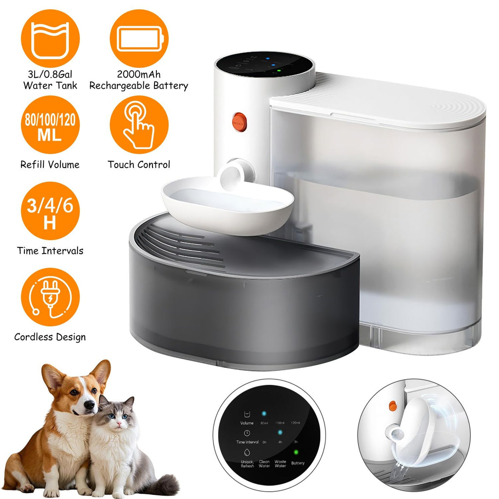 Smart Pet Water Fountain Automatic Cat Water Dispenser 3L/101OZ Cordless Rechargeable Dog Water Fountain Self-Refill with 3 Adjustable Volume 3 Time Intervals Touch Control