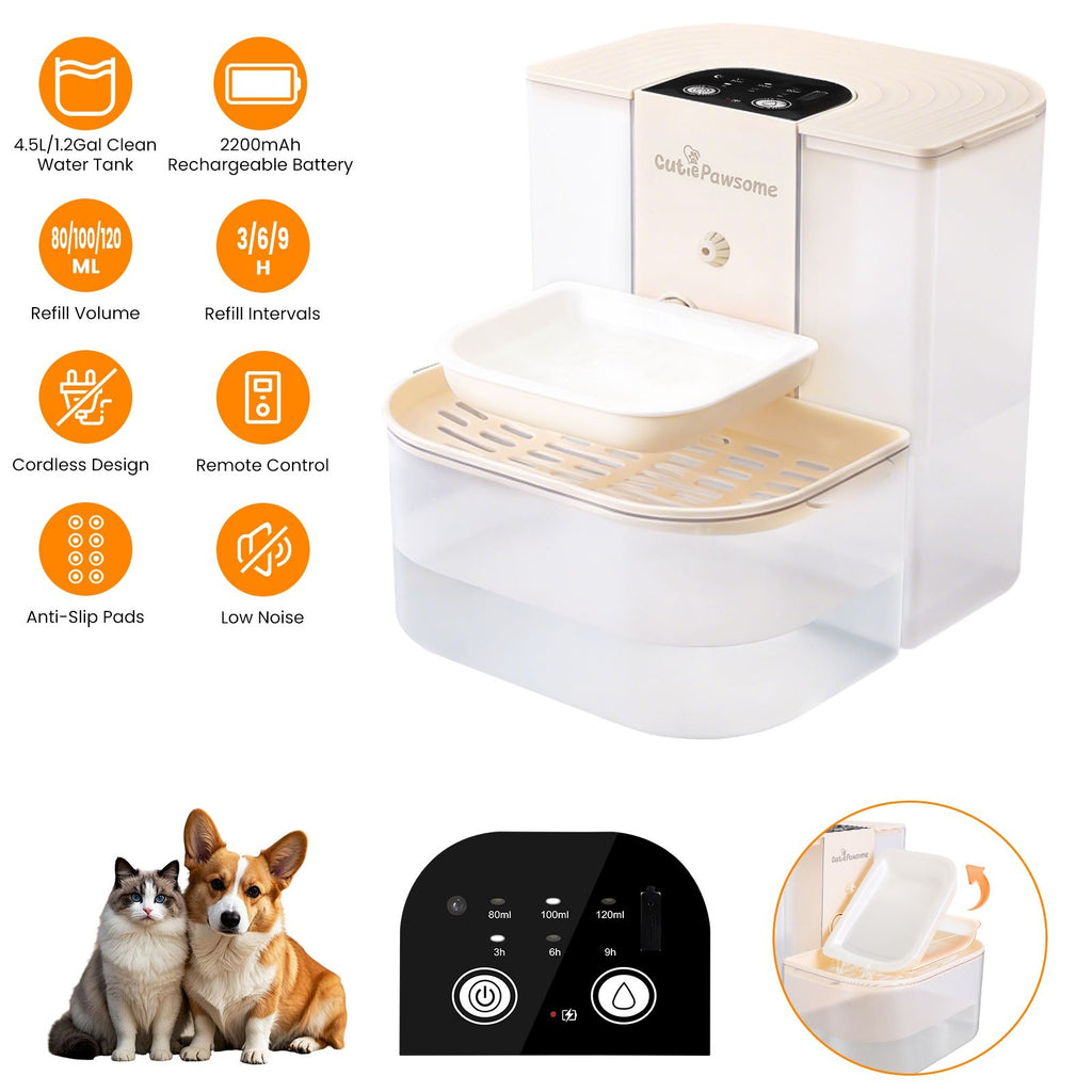 Smart Pet Water Fountain Automatic Cat Water Dispenser 4.5L Cordless Rechargeable Dog Water Fountain Self-Refill with 3 Adjustable Volume 3 Time Intervals Remote Control Cleaning Brush