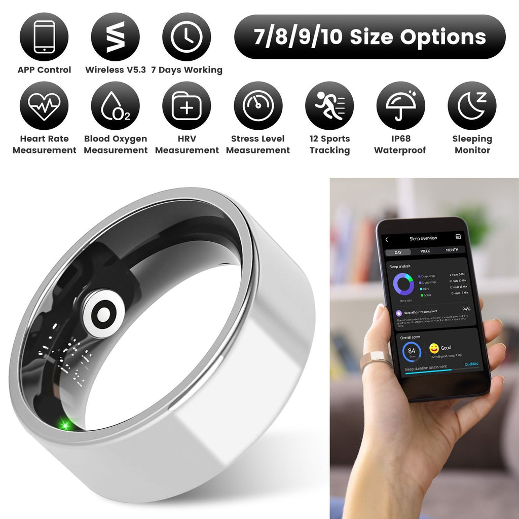 Smart Ring Health Tracker Fitness/Sleep/Stress/HRV Tracker with Charging Case Magnetic Charging Cable for Women & Men Compatible with iOS & Android 7-Day Battery Life Size 7/8/9/10