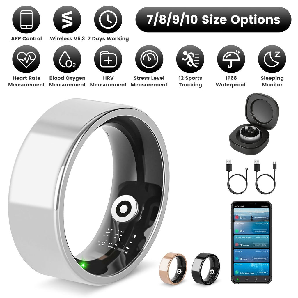 Smart Ring Health Tracker Fitness/Sleep/Stress/HRV Tracker with Charging Case Magnetic Charging Cable for Women & Men Compatible with iOS & Android 7-Day Battery Life Size 7/8/9/10