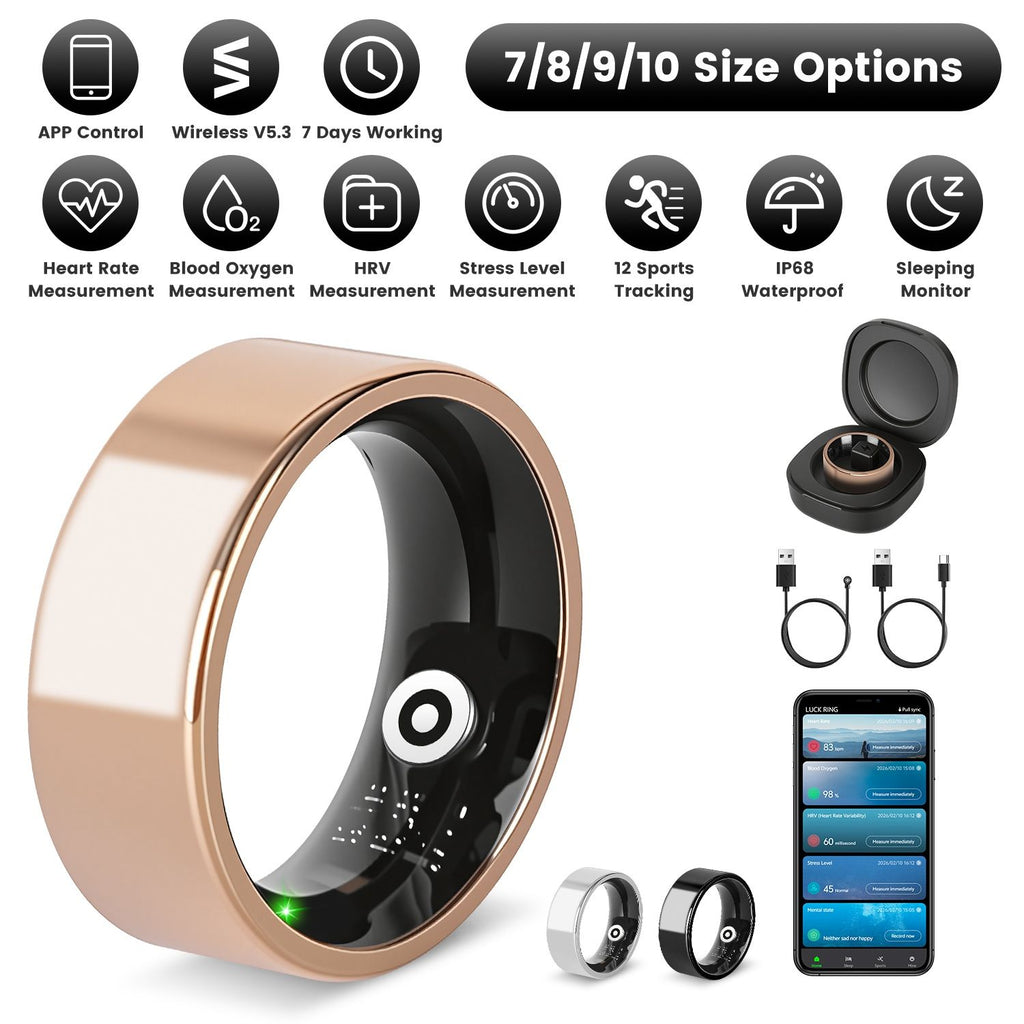Smart Ring Health Tracker Fitness/Sleep/Stress/HRV Tracker with Charging Case Magnetic Charging Cable for Women & Men Compatible with iOS & Android 7-Day Battery Life Size 7/8/9/10