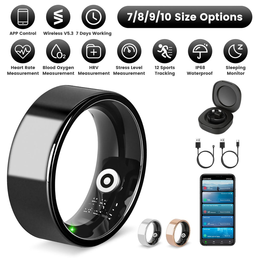 Smart Ring Health Tracker Fitness/Sleep/Stress/HRV Tracker with Charging Case Magnetic Charging Cable for Women & Men Compatible with iOS & Android 7-Day Battery Life Size 7/8/9/10