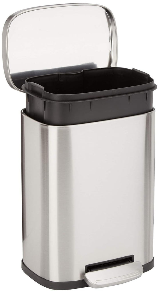 Smudge Resistant Small Rectangular Trash Can With Soft-Close Foot Pedal, Brushed Stainless Steel, for Bathroom & small space, 5 L /1.32 Gal, Satin Nickel Finish, 7.3x8.5 x11.8 in (LxWxH)