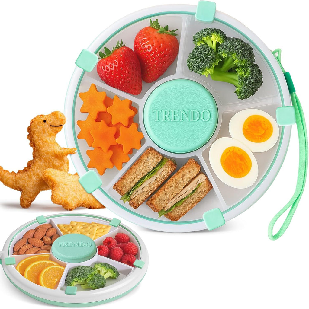 Snack Spinner for Toddlers – Green Rotating Snack Container, BPA & PVC-Free Baby Snack Box, Spill-Proof Toddler Snack Container with Hand Strap, 5 Compartments Travel Snack Box for Kids