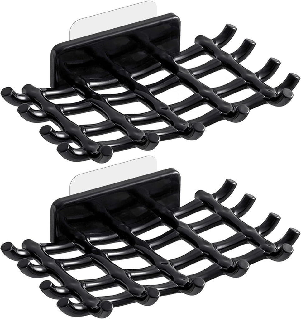 Soap Bar Holder for Shower Wall, Self Draining Soap Dish with Hooks, No Drilling, Bathtub Kitchen Sink Waterproof Adhesive Wall Mounted Dish (2 Pack, Black)