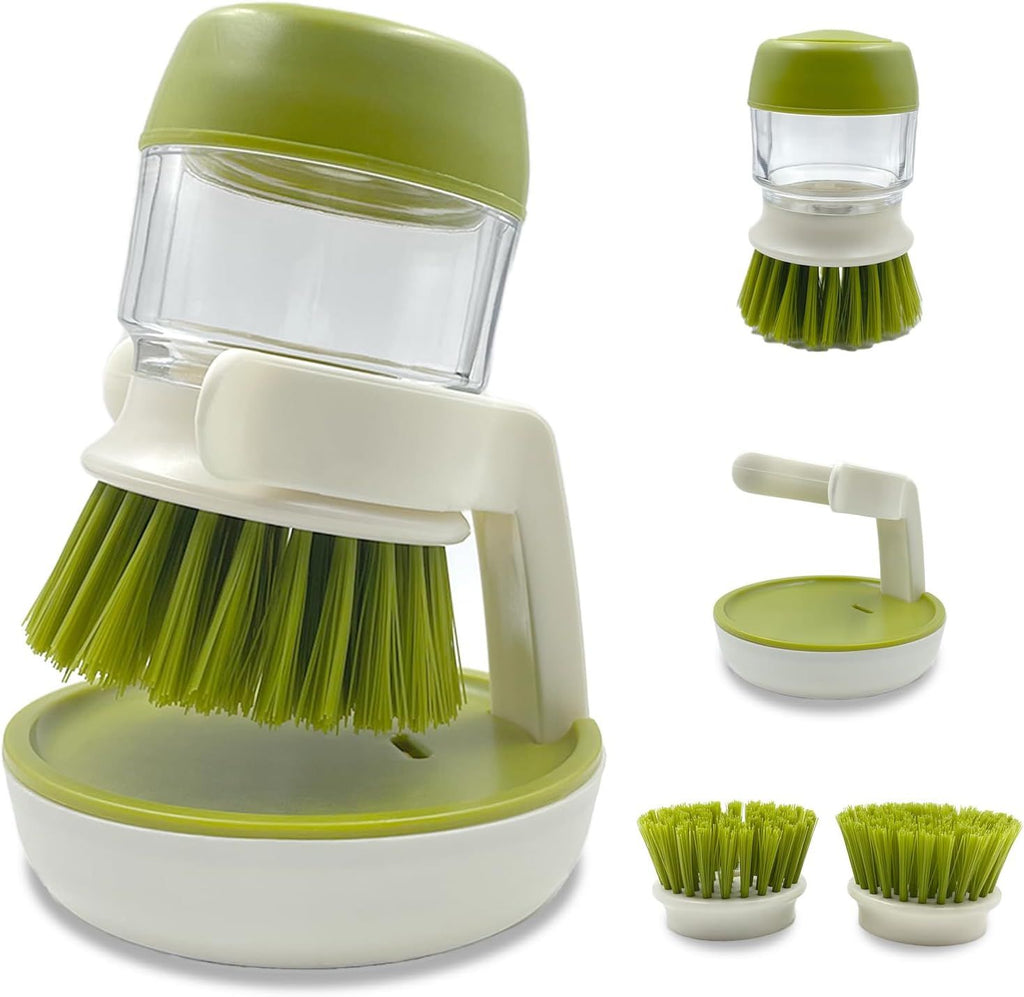 Soap Dispenser Dish Brush Palm Brush Scrub Brush Equipped with Storage Bracket and Drainage Base,Easy to Clean Kitchen Utensils and Sink, Includes a Replaceable Brush