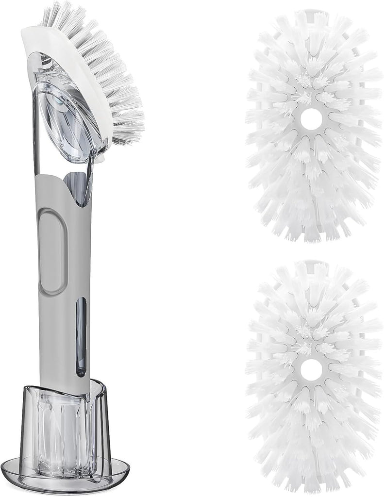 Soap Dispensing Replacement Dish Brush Storage Set with 2 PCS Brush Refills & Holder - Dispenser Scrub Cleaning Scrubber Kitchen Dishwashing Dish Wand Handle for Dishes/Pans/Pots/Sink(Grey)