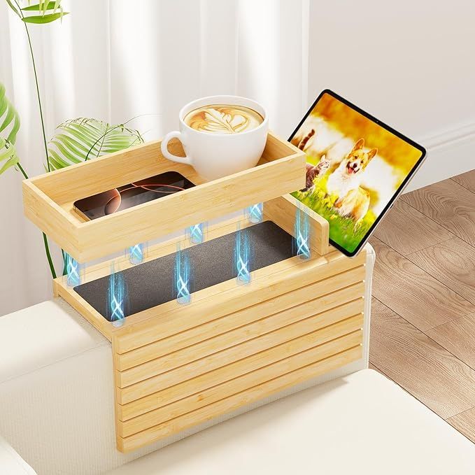 Sofa Arm Tray, 3-in-1 Magnetic Detachable Couch Arm Tray with 360° Swivel Phone/Tablet Holder, Bamboo Couch Cup Holder, Foldable Couch Armrest Table for Drinks, Snacks, Cups, Phone