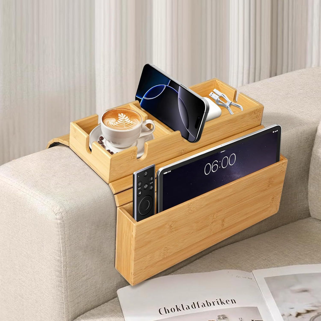 Sofa Arm Tray Bamboo with Side Storage Pocket Couch Arm Table Cup Holder Absorbent Pad Foldable Portable Sofa Arm Chair Table for Drink Cups EatsSnacks Phone Remote Home Gift Accessory