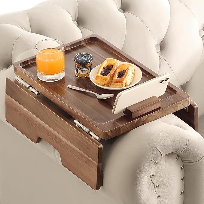 Sofa Armrest Tray, Arm Table Sofa Arm Tray with Robust Large Grip Arm, Double Large SS304 Hinges & 360 Rotating Phone Bracket, Non-Slip, Flexible with Different Sofa Armrest Shapes and Width