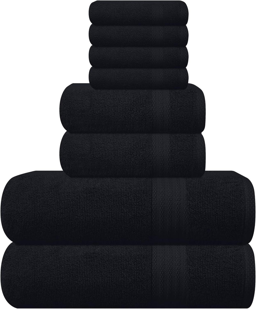 Soft 8-Piece Towel Set - 100% Pure Ringspun Cotton, Contains 2 Oversized Bath Towels 27x54, 2 Hand Towels 16x28, 4 Wash Cloths 13x13 - Ideal for Everyday use, Hotel & Spa - Black