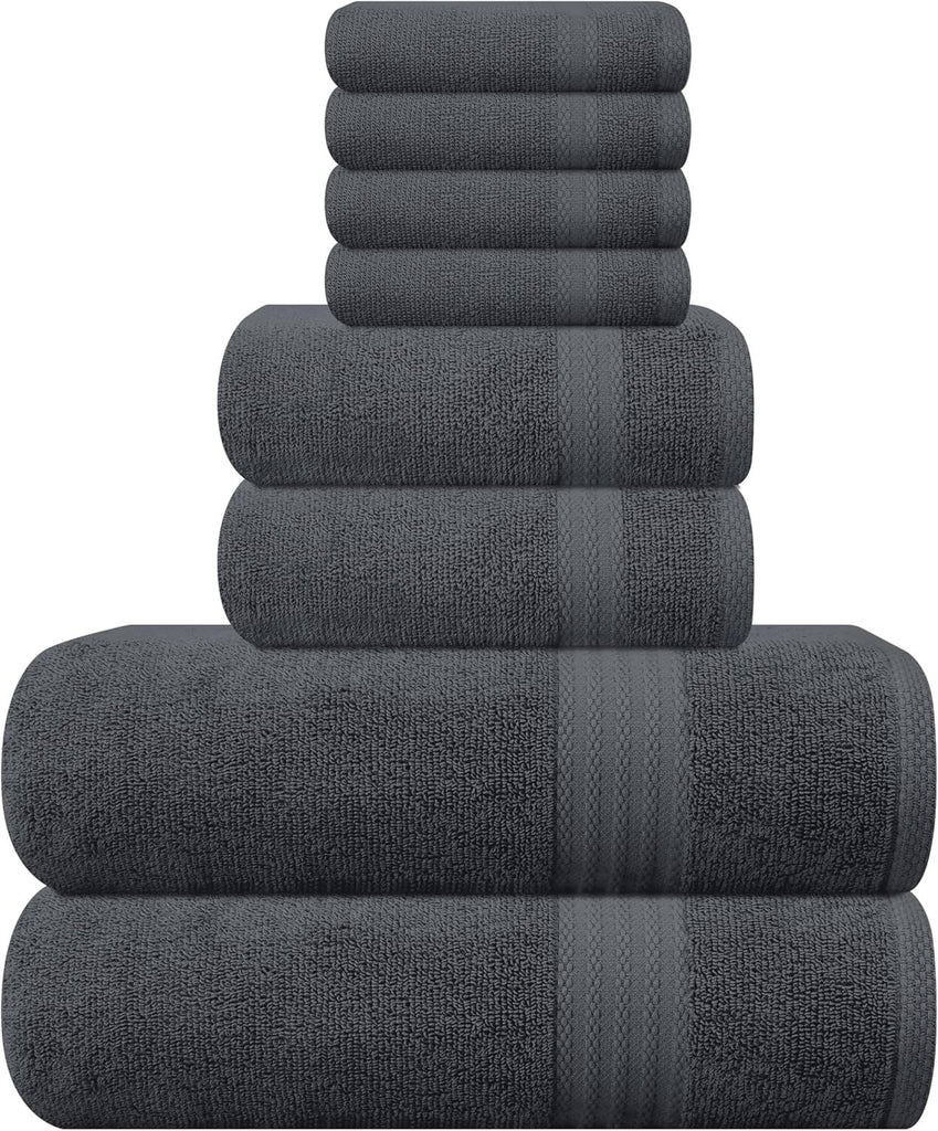 Soft 8-Piece Towel Set - 100% Pure Ringspun Cotton, Contains 2 Oversized Bath Towels 27x54, Hand 16x28, 4 Wash Cloths 13x13 Ideal for Everyday use, Hotel & Spa -Charcoal Grey