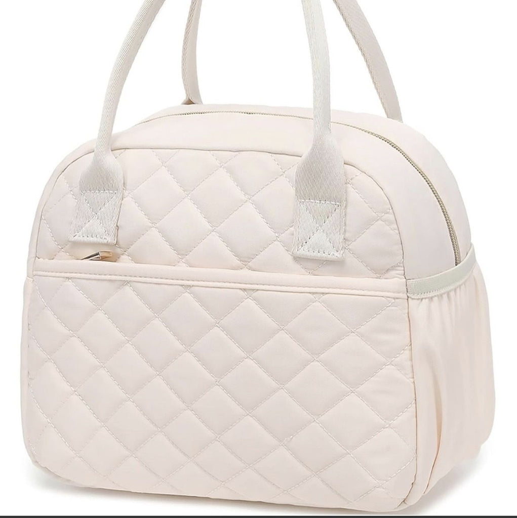 Soft Padded Diamond Stitch Lunch Cooler Bag, Portable Insulated Bento Carrier with Outer Pocket, Waterproof Thermal Handbag for Daily Meal Transport