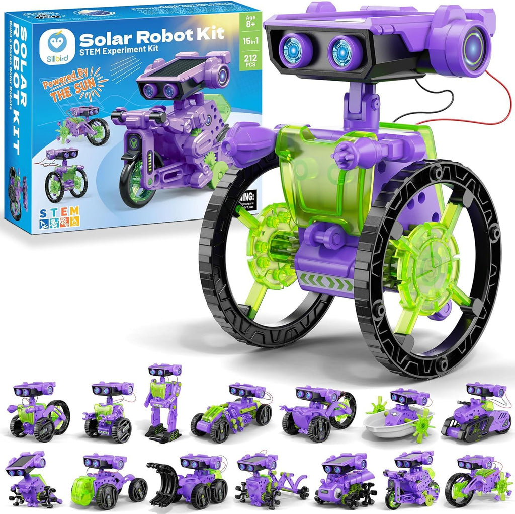 Solar Building Robot Kit Christmas STEM Gift for Boys Aged 8-12, DIY 15-in-1 Science Educational Toys for Kids Birthday, Solar or Battery Powered Robotic Set with 212 Pieces
