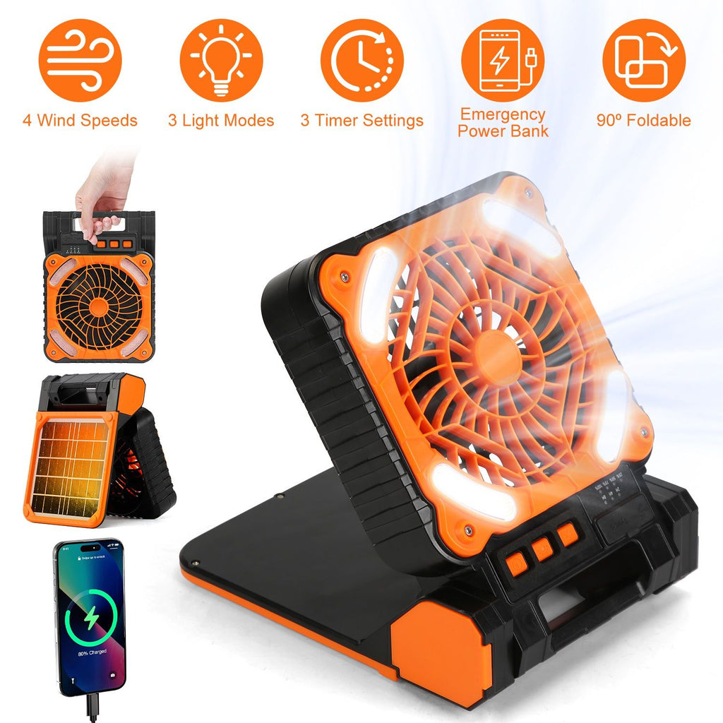 Solar Camping Fan With LED Lantern 5200mAh Rechargeable Battery Operated Portable Fan with Emergency Power Bank 4 Wind Speeds 3 Light Modes 3 Timers for Hiking Fishing Travel GPCT5319