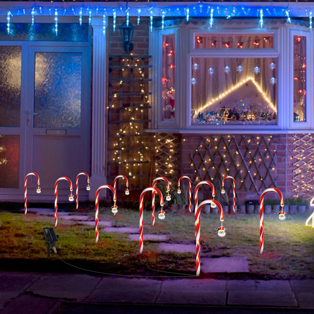 Solar Christmas Candy Cane Lights with 12 Candies 72LEDs Outdoor Christmas Decorations IP44 Waterproof Flickering Pathway Markers String Lights with 8 Modes 6Hrs Timer