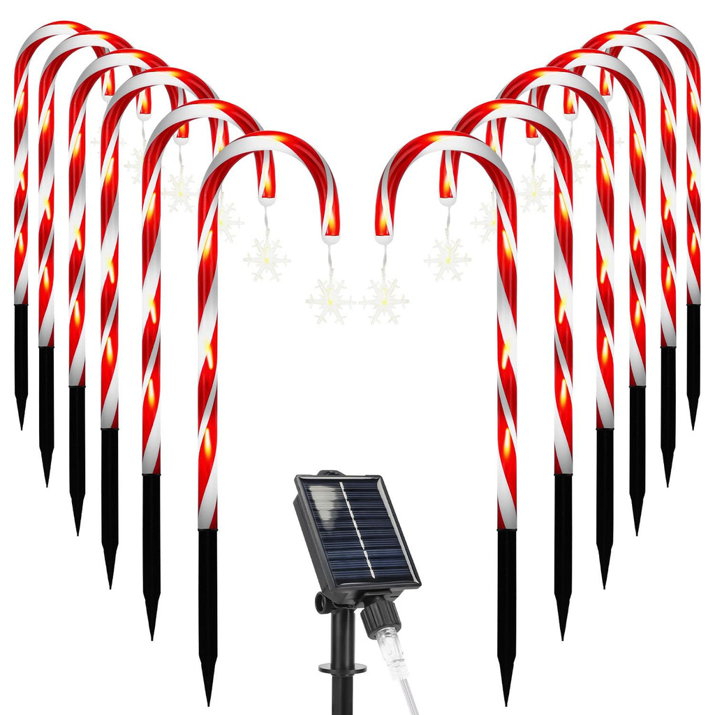 Solar Christmas Candy Cane Lights with 12 Candies 72LEDs Outdoor Christmas Decorations IP44 Waterproof Flickering Pathway Markers String Lights with 8 Modes 6Hrs Timer