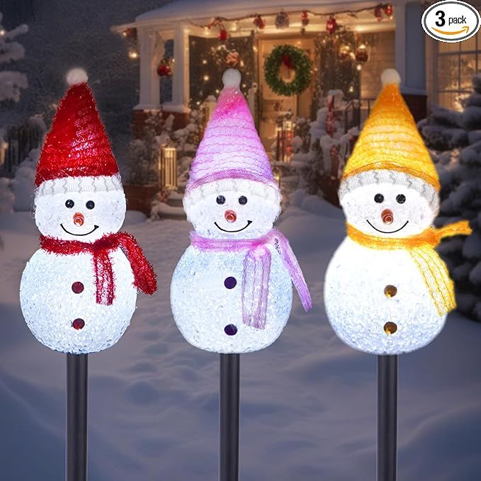 Solar Christmas Pathway Lights Outdoor Decor Set of 3 Led Snowman Stake Lights, Waterproof Walkway Landscape Light for Winter Yard, Garden, Solar Christmas Decorations