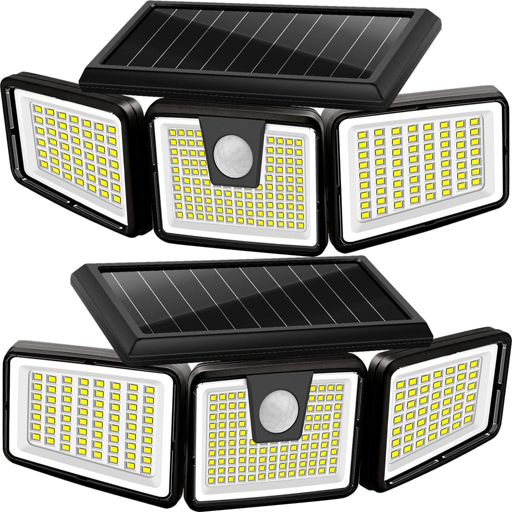 Solar Lights Outdoor, 2 Pack 233 LED High Brightness Cordless Solar Motion Sensor Lights; 3 Adjustable Heads, 270° Wide Angle Illumination, IP65 Waterproof, Security LED Flood Light(Daylight)