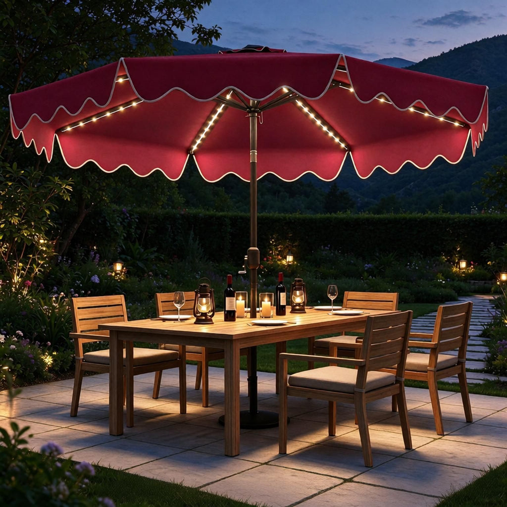 Solar Patio Umbrella 9 Feet with Color-Changing LED Lights Outdoor Market Canopy with Integrated Solar-Powered Lights