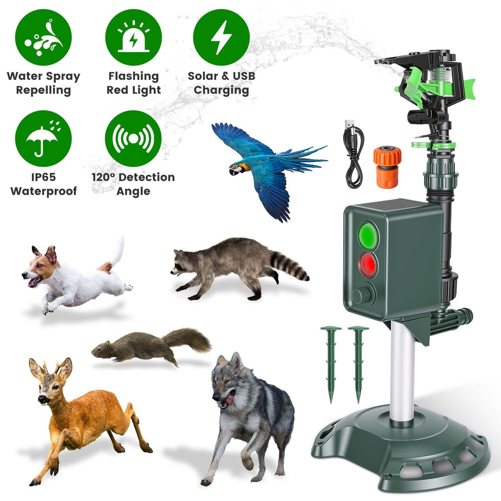 Solar Powered Motion Sensor Animal Repellent Sprinkler with Flashing Light Outdoor Animal Deterrent for Cats Dogs Squirrels Birds Raccons Deer And More