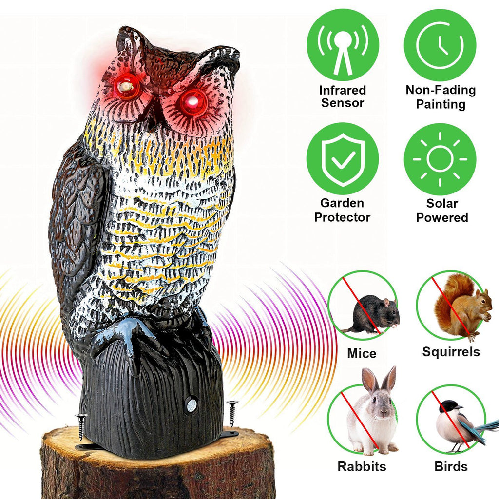 Solar Powered Owl Decoy with Flashing Eye Hoot Sound Infrared Sensor Scare Bird Squirrel Away Pest Repellent Bird Deterrent Outdoor Garden Yard Protector
