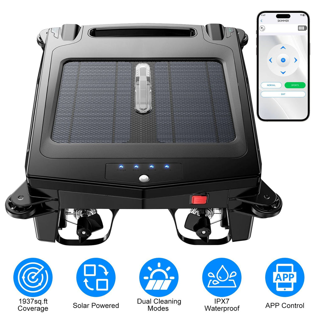 Solar Powered Robotic Pool Skimmer Automatic Swimming Pool Surface Cleaner with 2 Cleaning Modes Dual Charging Methods IPX7 Waterproof 1937sq.ft Coverage APP Control GPCT5418