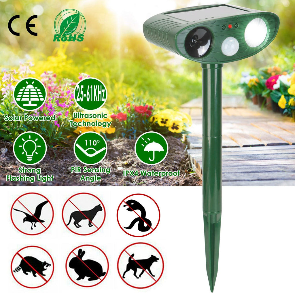 Solar Ultrasonic Animal Repeller PIR Motion Sensor Animal Repellent Chaser IPX4 Waterproof for Farm Garden Yard to Drive Raccoon Squirrel Rat Skunk Rabbit Mole Dog Cat Snake