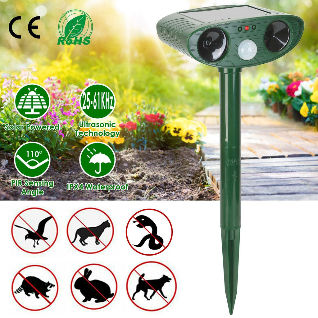 Solar Ultrasonic Animal Repeller PIR Motion Sensor Animal Repellent Chaser IPX4 Waterproof for Farm Garden Yard to Drive Raccoon Squirrel Rat Skunk Rabbit Mole Dog Cat Snake