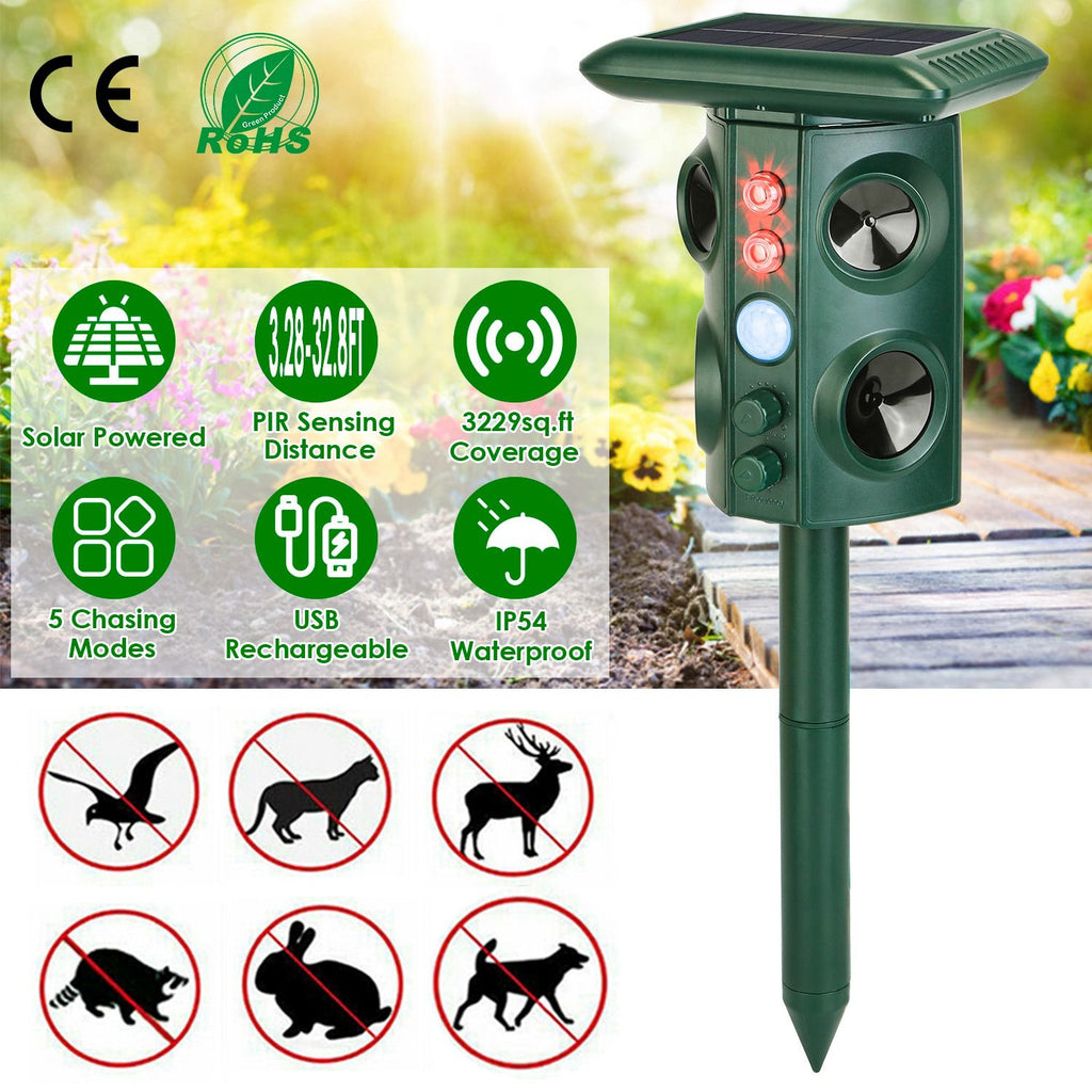 Solar Ultrasonic Animal Repeller Solar Powered Animal Repellent Chaser with PIR Motion Sensor IP54 Waterproof Sound Flashing Light for Deer Raccoon Squirrel Mice Snakes Cat Dog